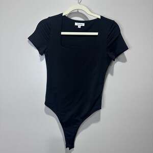 Mittoshop Square Neck Short Sleeve Thong Bodysuit in Black, Sz S